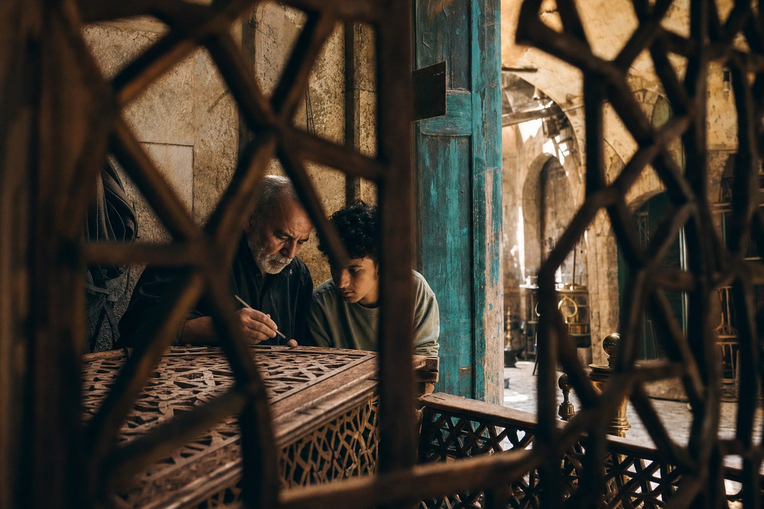 Editorial scene of an artisan guiding a young apprentice in a historic Saida workshop